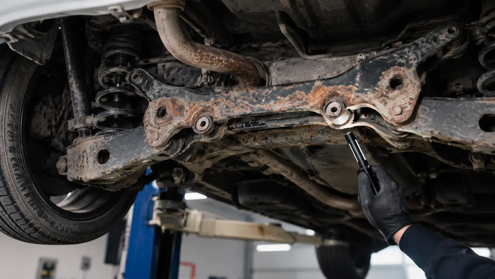 Rear subframe corrosion inspection under an SUV on a service lift