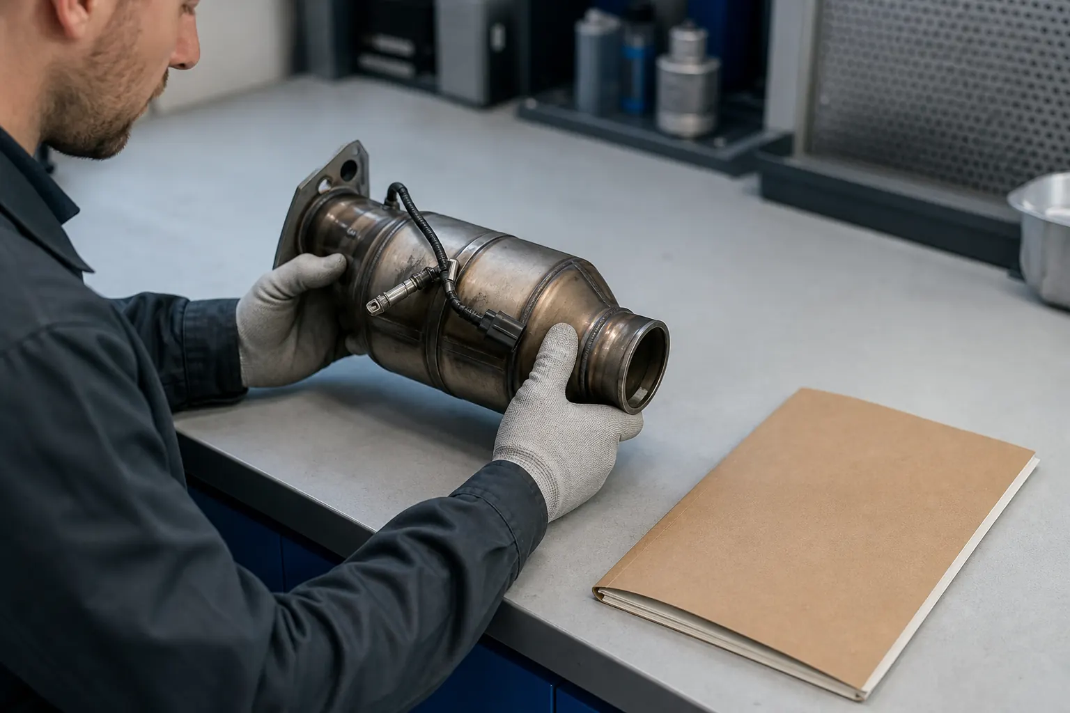 Technician reviewing emissions-related automotive parts documentation at a clean workbench