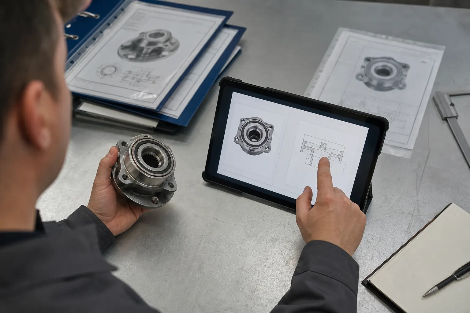 Automotive aftermarket buyer comparing product documentation and supplier records