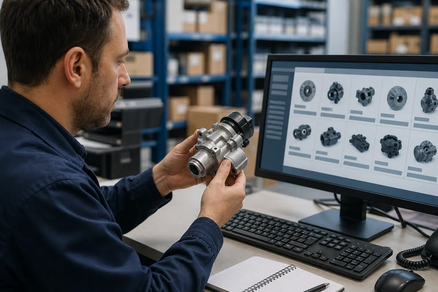 Aftermarket parts buyer reviewing an unlabeled component and digital catalog records
