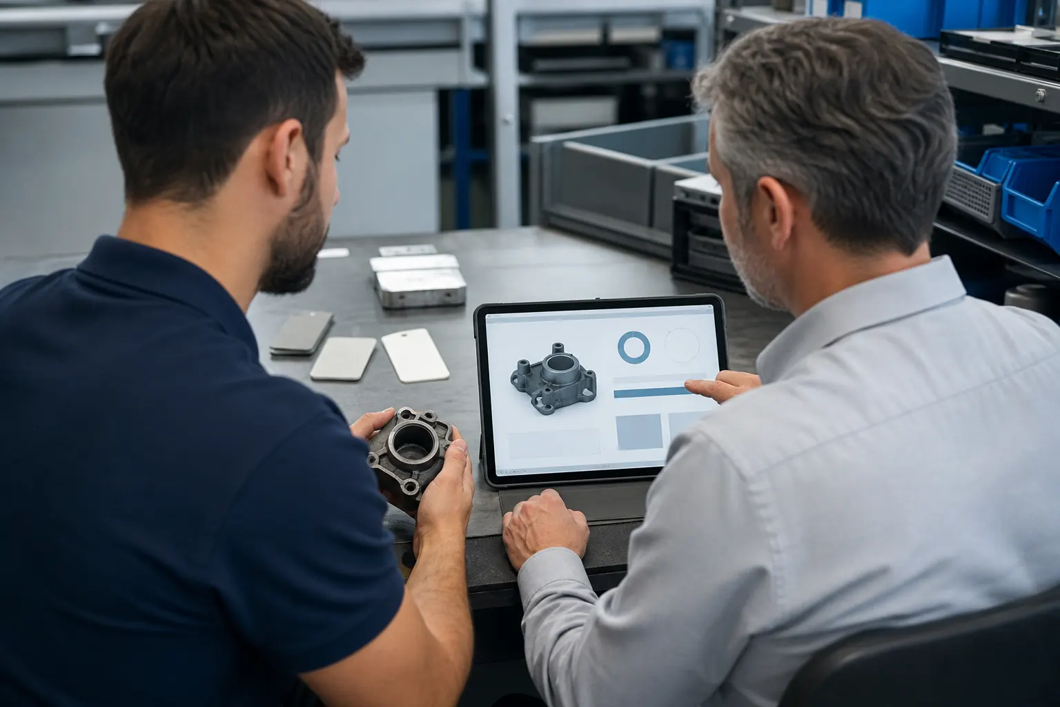 B2B automotive parts team comparing product references at a sourcing desk