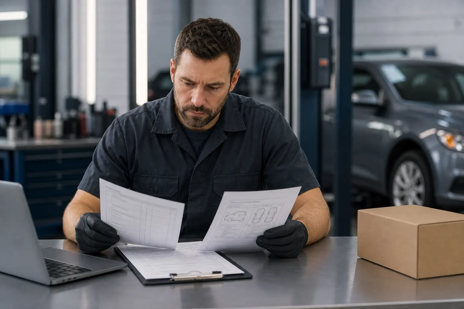 Automotive repair professional reviewing a vehicle history report and air bag service documentation