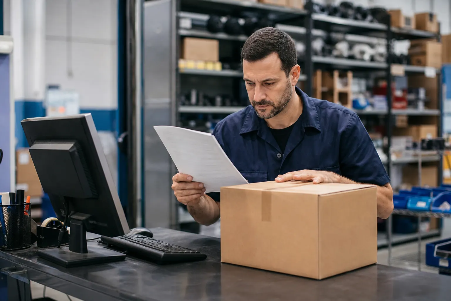 Automotive parts distributor reviewing a generic order list in a clean local warehouse