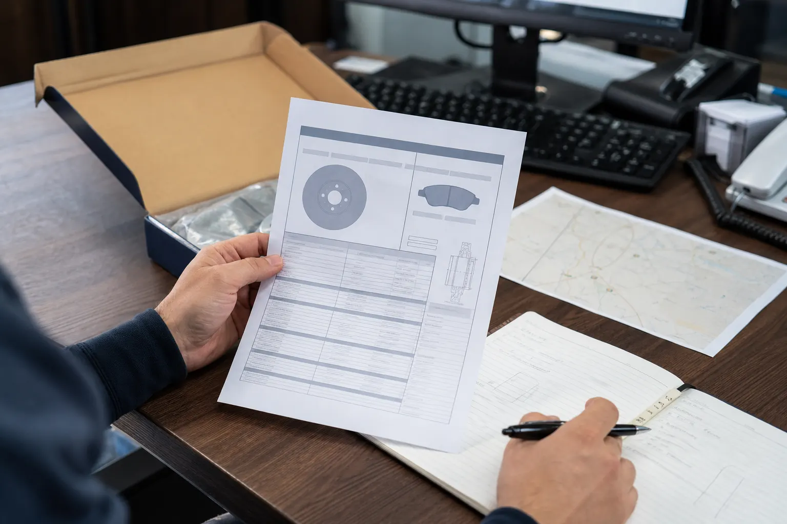 B2B automotive parts buyer comparing part references and delivery details at a distribution desk