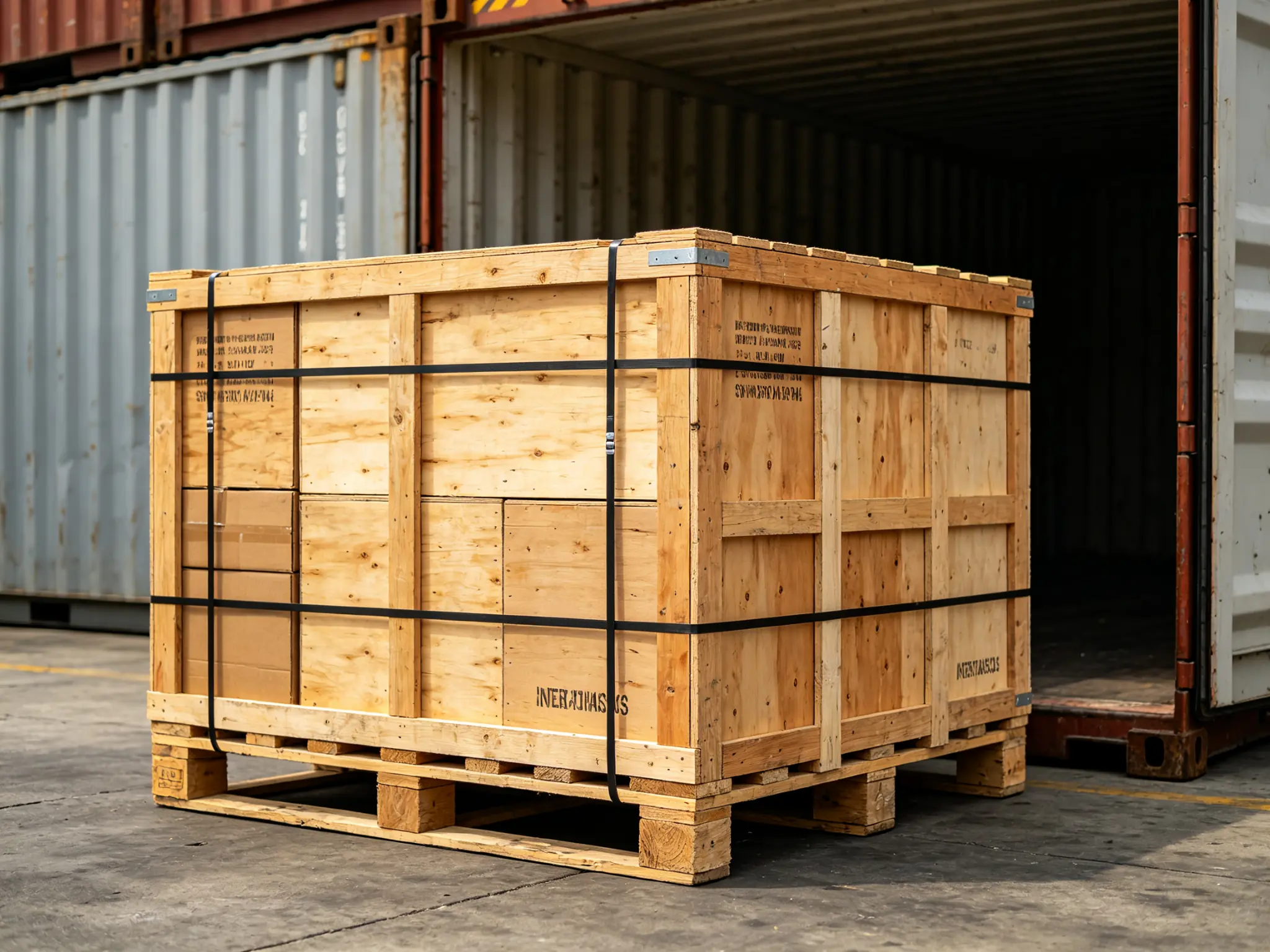 Export-ready crate of auto parts beside a shipping container
