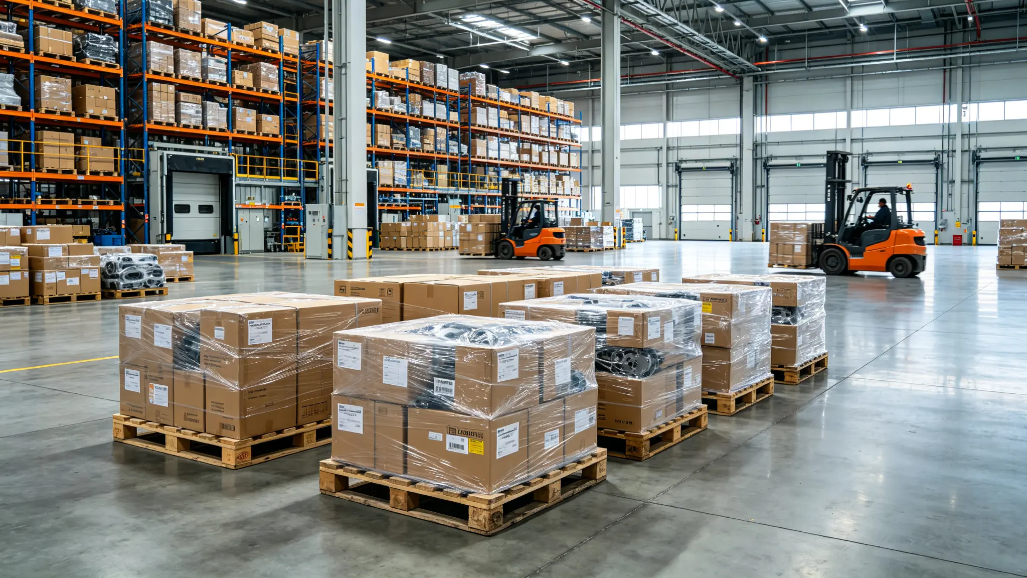 Pallets of consolidated auto parts in a warehouse with forklifts preparing outbound orders