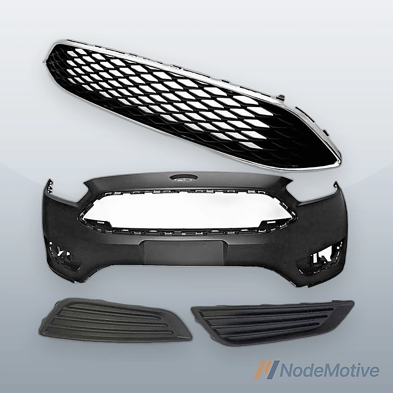 Fits Ford Focus 15-18 4PC Front Bumper Assembly w/ Upper Grille w/Foglight Cover
