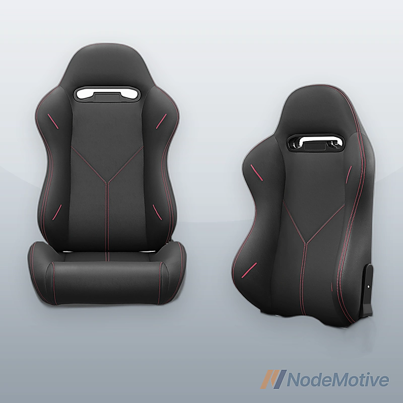 2PC Universal Bucket Racing Seats Red Stitch PVC Reclinable Carbon Look Back