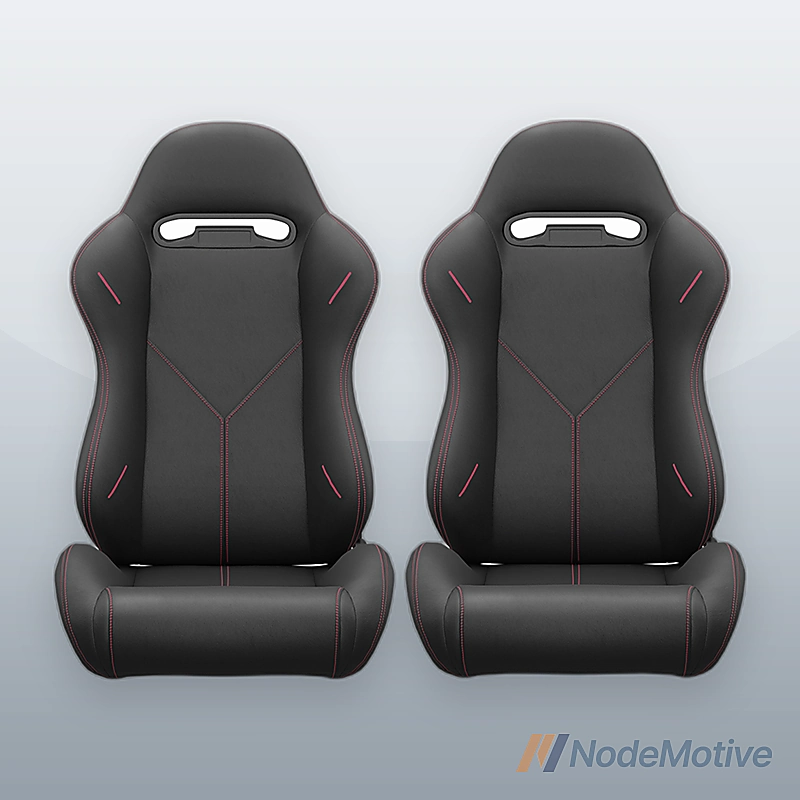 2PC Universal Bucket Racing Seats Red Stitch PVC Reclinable Carbon Look Back