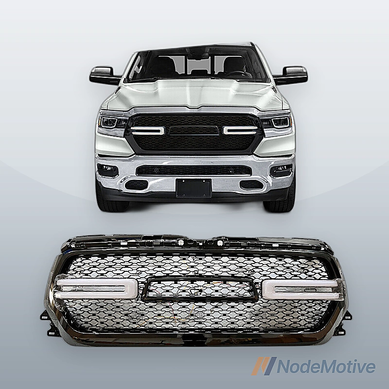 Fits 19-24 Dodge Ram 1500 Gloss Black Front Bumper Hood Mesh Grille W/ White LED