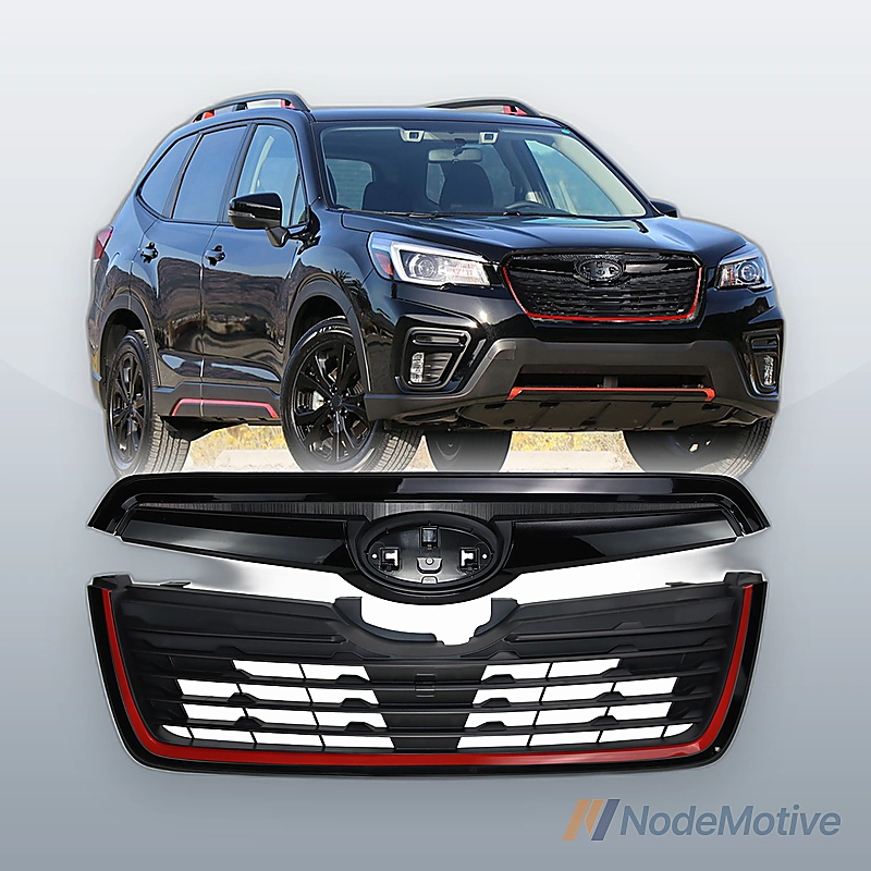 Front Grill for 2019-2021 Subaru Forester w/Camera Hole Gloss Black w/ Red Line