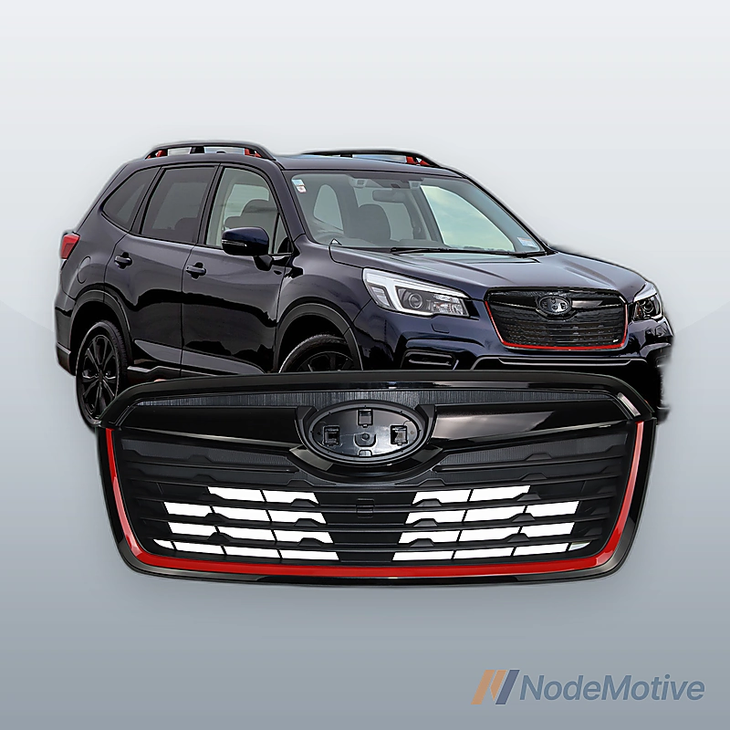 Front Grill for 2019-2021 Subaru Forester w/Camera Hole Gloss Black w/ Red Line